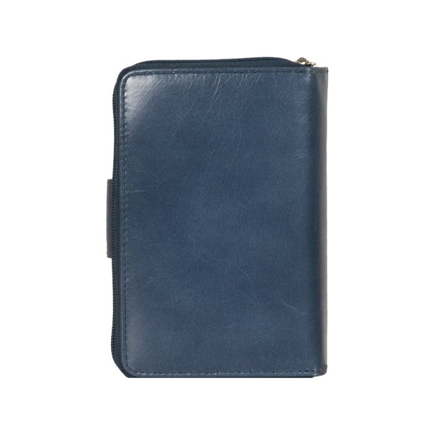 Belsac lys bl� pung i skind med to rum, det ene lukkes med lynl�s og det andet med trykknap