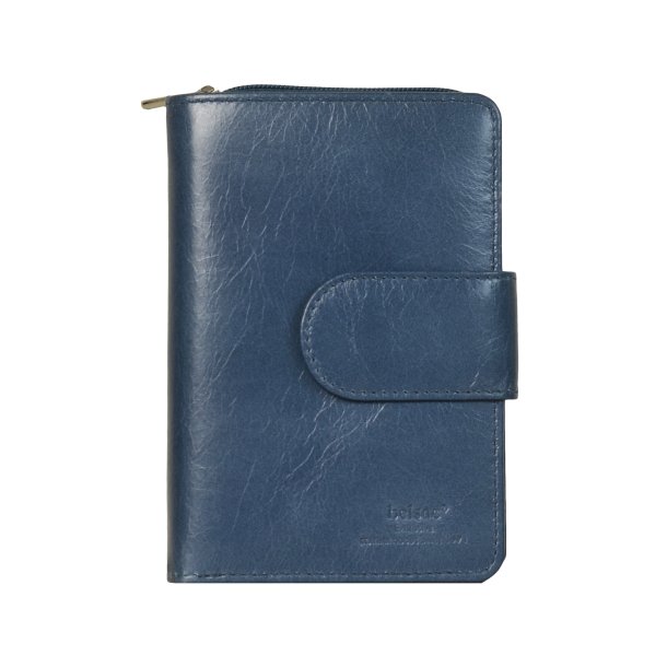 Belsac lys bl� pung i skind med to rum, det ene lukkes med lynl�s og det andet med trykknap