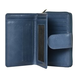 Belsac lys bl� pung i skind med to rum, det ene lukkes med lynl�s og det andet med trykknap