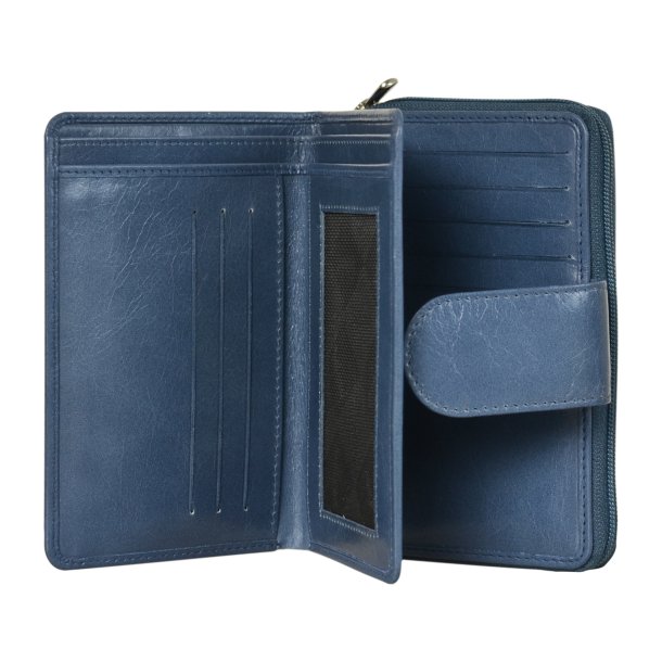 Belsac lys bl� pung i skind med to rum, det ene lukkes med lynl�s og det andet med trykknap