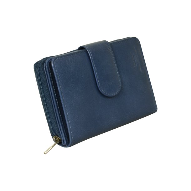 Belsac lys bl� pung i skind med to rum, det ene lukkes med lynl�s og det andet med trykknap