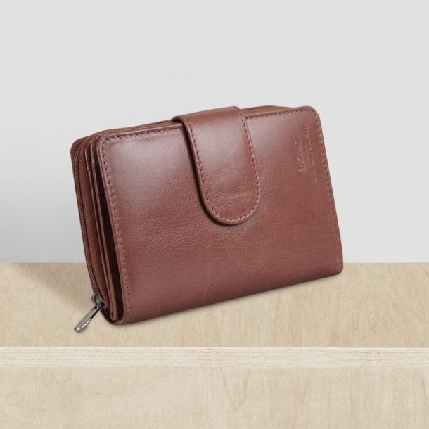 Belsac rosa pung i skind med to rum, det ene lukkes med lynl�s og det andet med trykknap