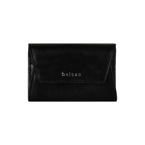 Belsac sort pung i blankt skind med overslag og indvendig plads til kort, sedler og m�nter