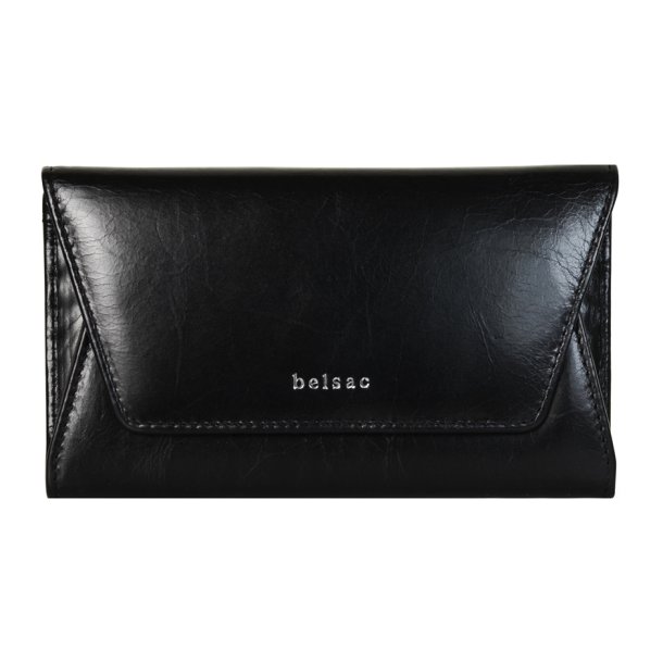 Belsac sort pung i blankt skind med overslag og plads til mange kort og kontanter