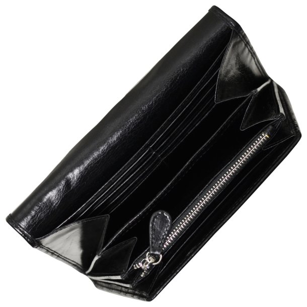 Belsac sort pung i blankt skind med overslag og plads til mange kort og kontanter
