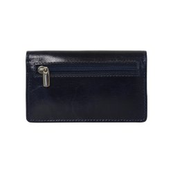 Belsac bl pung i blankt skind med overslag og plads til kort, kontanter og lynlsrum til mnter