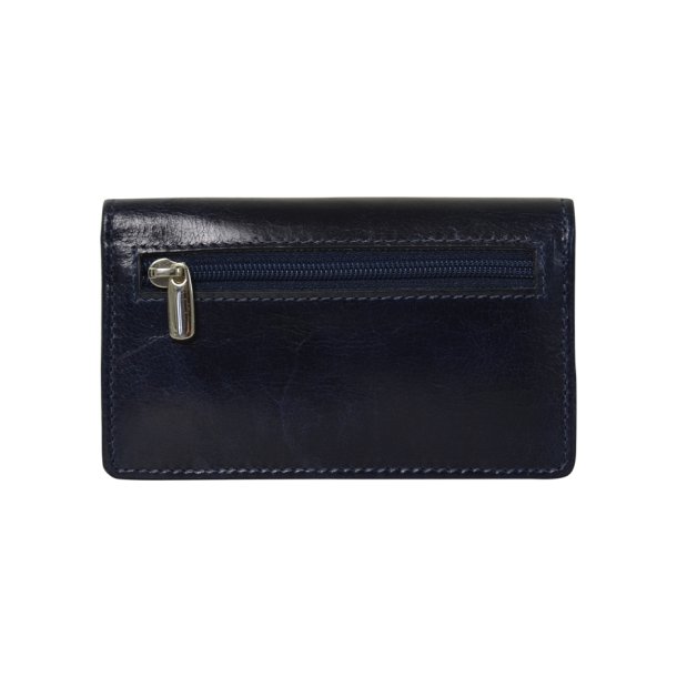 Belsac bl pung i blankt skind med overslag og plads til kort, kontanter og lynlsrum til mnter