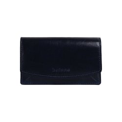 Belsac bl pung i blankt skind med overslag og plads til kort, kontanter og lynlsrum til mnter