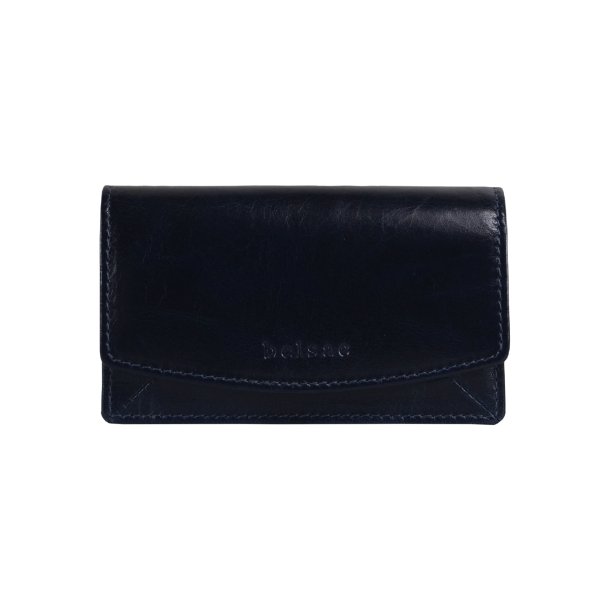 Belsac bl pung i blankt skind med overslag og plads til kort, kontanter og lynlsrum til mnter