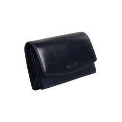 Belsac bl pung i blankt skind med overslag og plads til kort, kontanter og lynlsrum til mnter