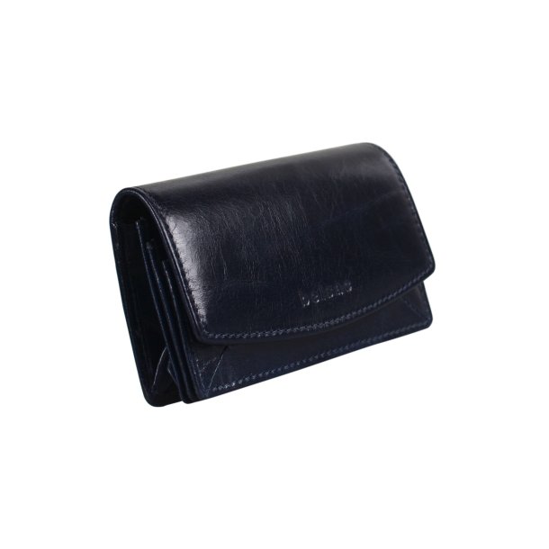 Belsac bl pung i blankt skind med overslag og plads til kort, kontanter og lynlsrum til mnter