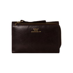 Belsac brun pung i  glat blankt skind med to rum, lynls og overslag til mnter, sedler og kort