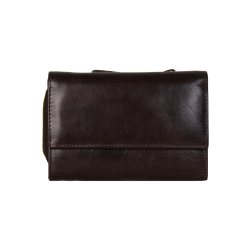 Belsac brun pung i  glat blankt skind med to rum, lynls og overslag til mnter, sedler og kort