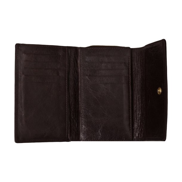 Belsac brun pung i  glat blankt skind med to rum, lynls og overslag til mnter, sedler og kort