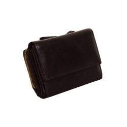 Belsac brun pung i  glat blankt skind med to rum, lynls og overslag til mnter, sedler og kort