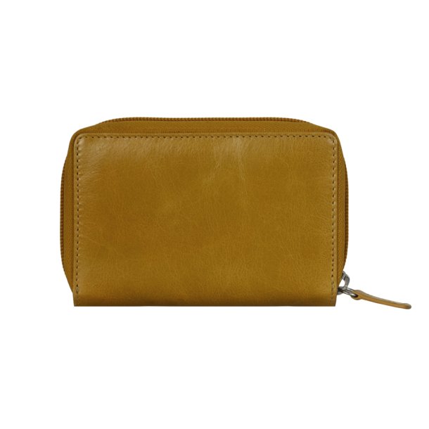 Belsac gul pung i skind med to rum og plads til mnter og kort