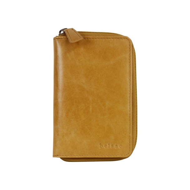 Belsac gul pung i skind med to rum og plads til mnter og kort