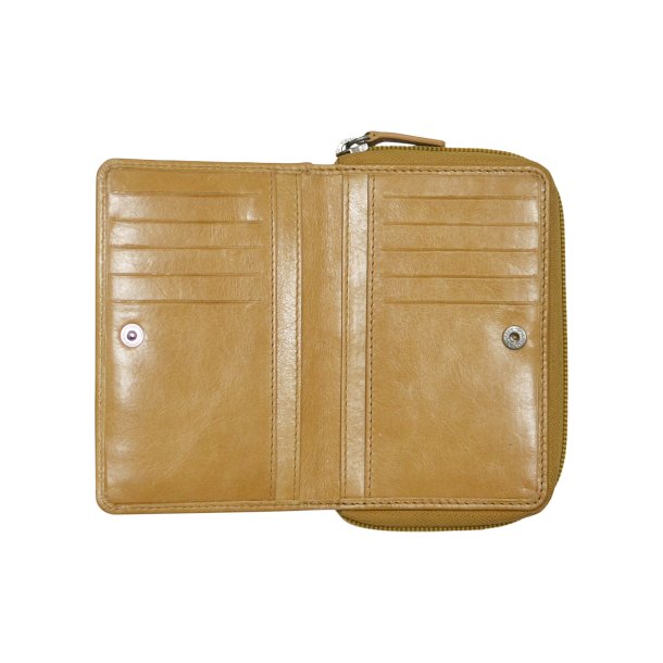 Belsac gul pung i skind med to rum og plads til mnter og kort