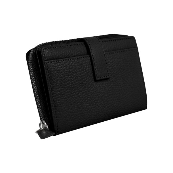 Belsac pung i sort skind med lynl�s til m�nter og plads til mange kort