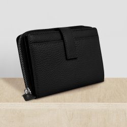 Belsac pung i sort skind med lynl�s til m�nter og plads til mange kort