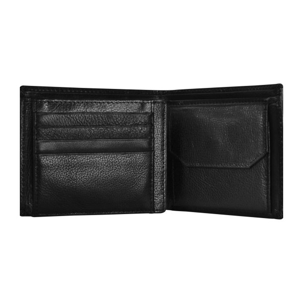 Belsac sort tofljet herrepung i skind med plads til et kort p forsiden. H: 9 cm x 12 cm