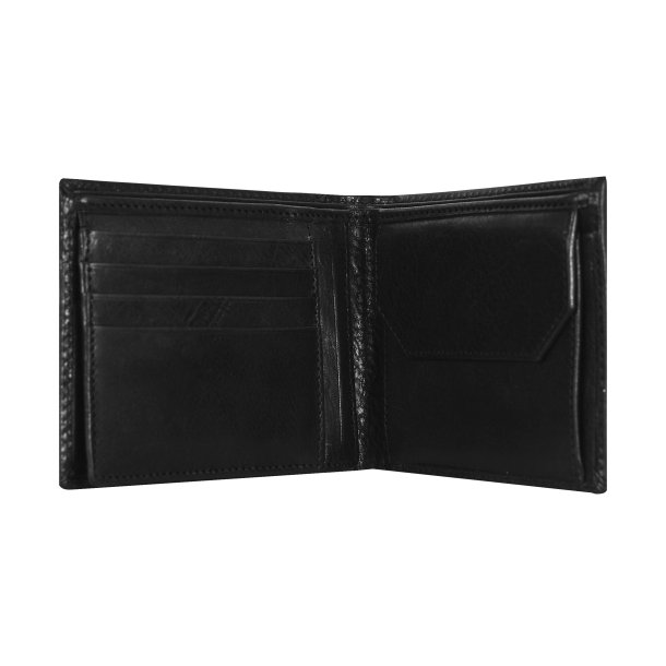 Belsac sort herrepung i skind med plads til mnter og kort samt kortlomme p forside