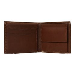 Belsac brun mindre herrepung i skind med kontraststikninger og plads til to kort, mnter og sedler