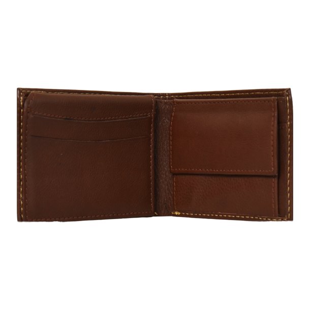 Belsac brun mindre herrepung i skind med kontraststikninger og plads til to kort, mnter og sedler