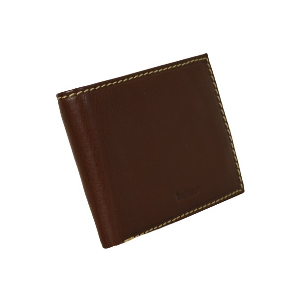 Belsac brun mindre herrepung i skind med kontraststikninger og plads til to kort, mnter og sedler