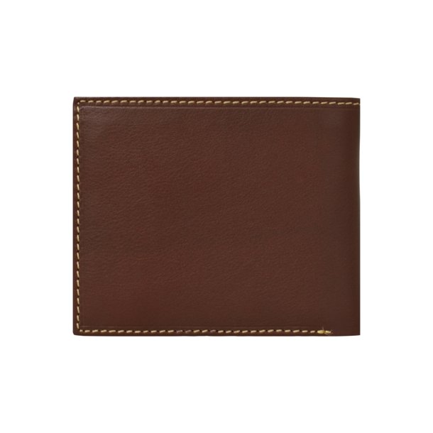 Belsac brun herrepung i skind med kontraststikninger og plads til kort, mnter og sedler