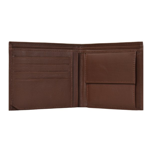 Belsac brun herrepung i skind med kontraststikninger og plads til kort, mnter og sedler