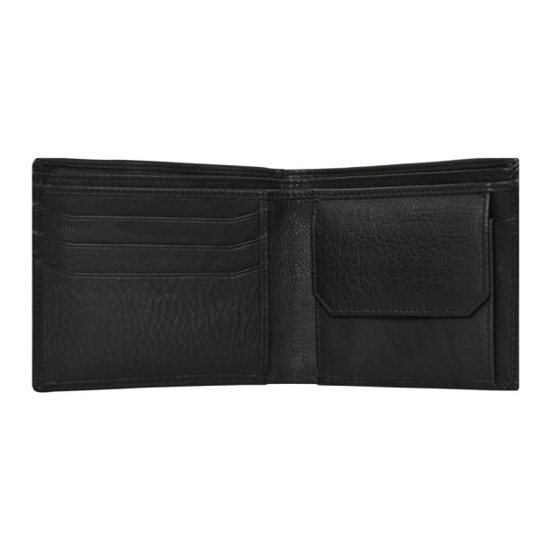 Belsac sort tofljet herrepung i skind med kontraststikninger og kortlomme p forside