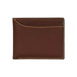 Belsac brun tofljet herrepung i skind med kontraststikninger og kortlomme p forside