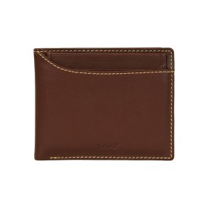 Belsac brun ofl�jet herrepung i skind med kontraststikninger og kortlomme p� forside