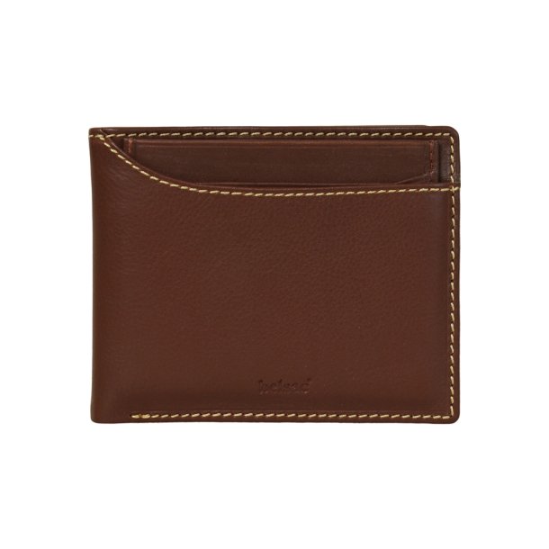 Belsac brun tofljet herrepung i skind med kontraststikninger og kortlomme p forside