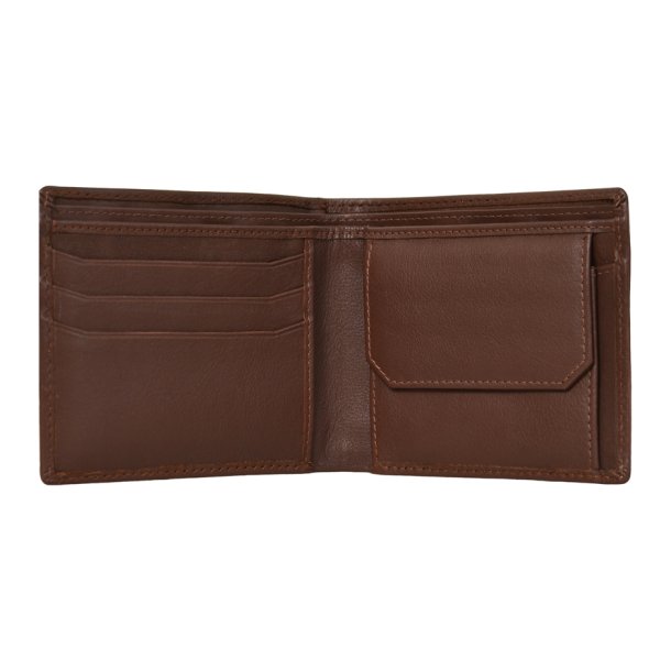 Belsac brun tofljet herrepung i skind med kontraststikninger og kortlomme p forside