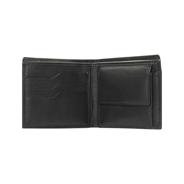 Belsac sort tofljet herrepung i skind med plads til kort, sedler og mnter. Kortlomme p forside.