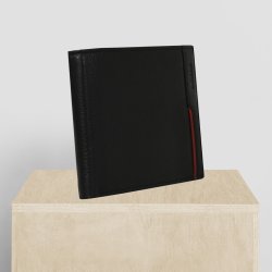 Belsac sort tofljet herrepung i skind med rd skind detalje og plads til kort, mnter og sedler