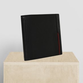 Belsac sort tofljet herrepung i skind med rd skind detalje og plads til kort, mnter og sedler