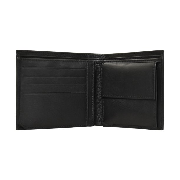 Belsac sort tofljet herrepung i skind med rd skind detalje og plads til kort, mnter og sedler