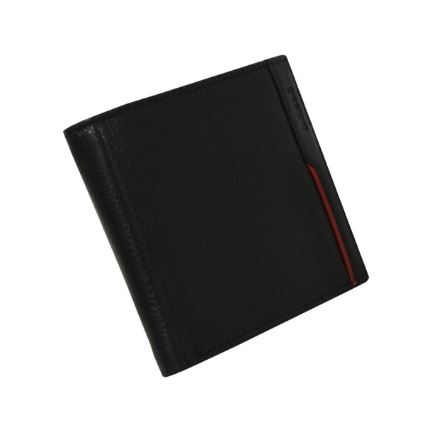 Belsac sort tofljet herrepung i skind med rd skind detalje og plads til kort, mnter og sedler