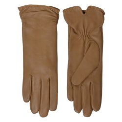 Belsac, lang skindhandske i camel med rynkeeffekt