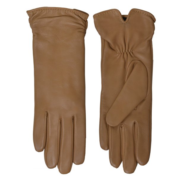 Belsac, lang skindhandske i camel med rynkeeffekt