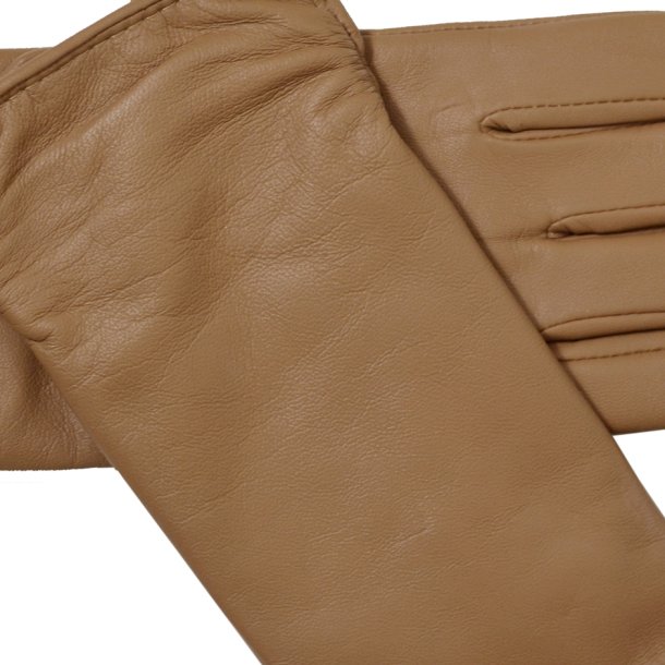 Belsac, lang skindhandske i camel med rynkeeffekt