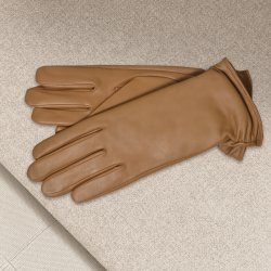 Belsac, lang skindhandske i camel med rynkeeffekt