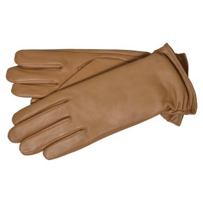 Belsac, lang skindhandske i camel med rynkeeffekt