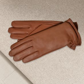 Belsac, lang skindhandske i cognac med rynkeeffekt