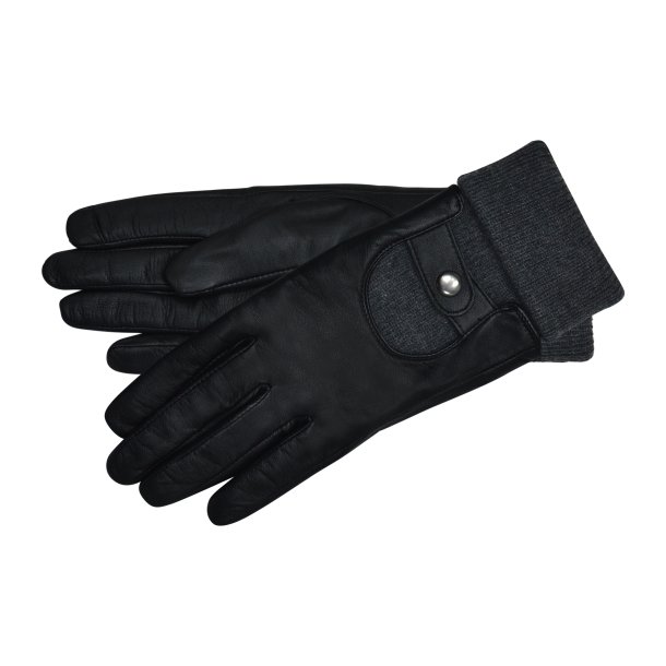 Belsac, skindhandske i sort med gr strikkant