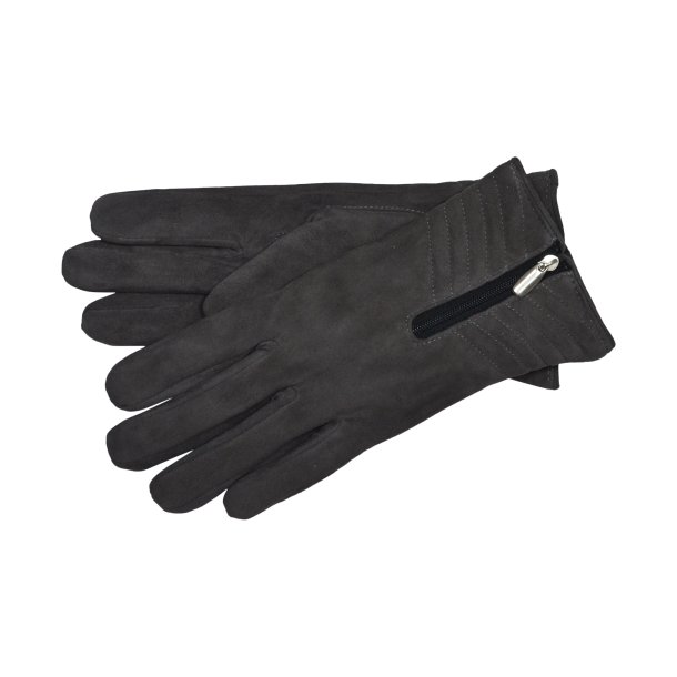 Belsac, skindhandske i mrk gr med tuber og lynls