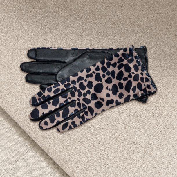 Belsac, skindhandske i sort med leopard look p oversiden